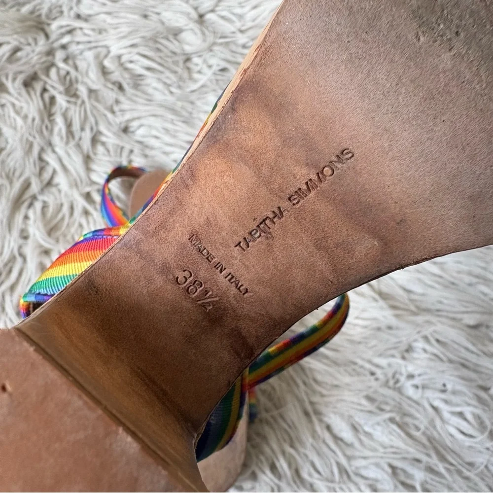 TABITHA SIMMONS Calla Rainbow Silk Ankle Strap Cork Wedge Platform Heel EUC 38.5